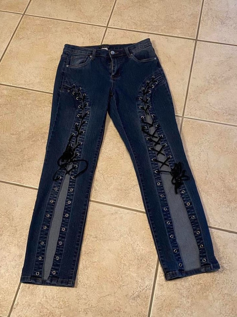 VENUS Dark Blue Straight-Leg Jeans with adjustable Lace-Up front Panels
